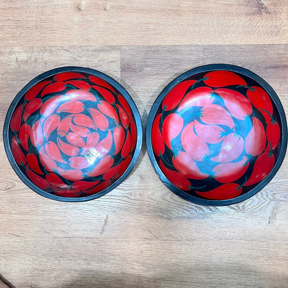 Chili Pepper Wooden Bowls‎ Set of 2 Red Black Hand Painted Mexico Southwestern